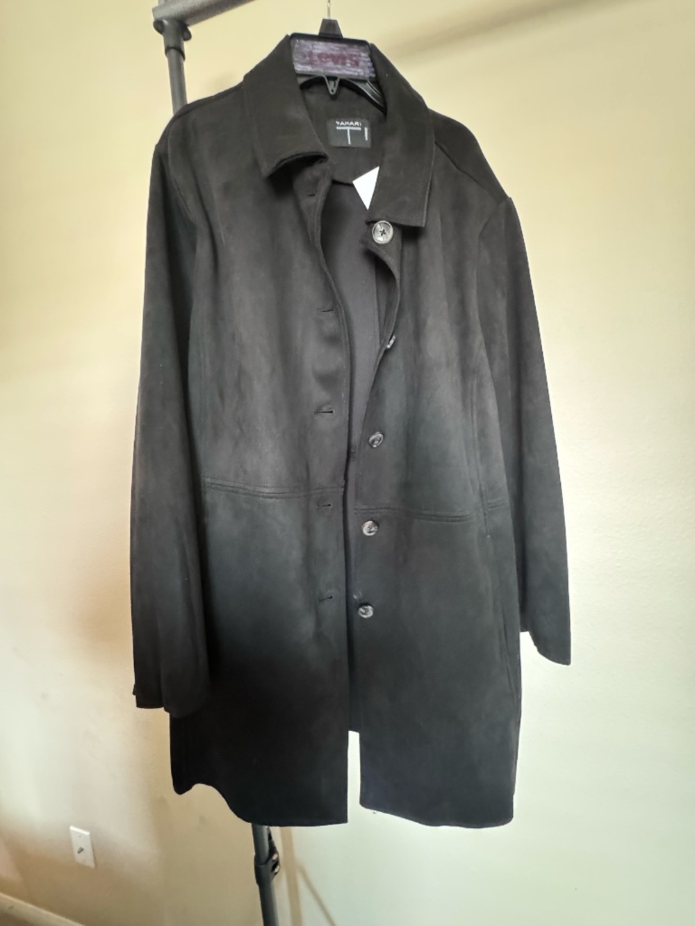 Black faux suede car coat from T Tahari